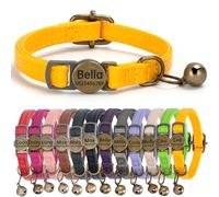 Genuine Leather Cat Collar Quick Release with Personalised Name Tag, breakaway Kitten Collars with Removable Bells & Safety Release, Engraved buckle, 19-30 CM Adjustable, (Vintage Yellow)