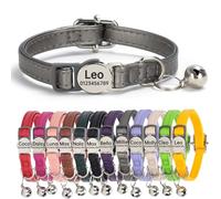 Genuine Leather Cat Collar Quick Release with Personalised Name Tag, breakaway Kitten Collars with Removable Bells & Safety Release, Engraved buckle, 19-30 CM Adjustable, (Metallic Silver)