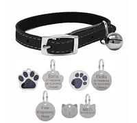Genuine Leather Cat Collar with Safety Elastic & Bell with Optional Personalised Engraved Tag (Black, 22mm Cat Face Tag)