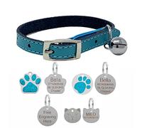 Genuine Leather Cat Collar with Safety Elastic & Bell with Optional Personalised Engraved Tag (Blue, 25mm Glitter Paw Tag)