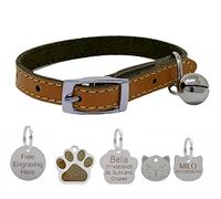 Genuine Leather Cat Collar with Safety Elastic & Bell with Optional Personalised Engraved Tag (Brown, 27mm Glitter Paw Shaped Tag)