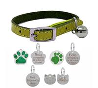 Genuine Leather Cat Collar with Safety Elastic & Bell with Optional Personalised Engraved Tag (Green, 22mm Cat Face Tag)