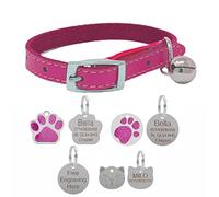Genuine Leather Cat Collar with Safety Elastic & Bell with Optional Personalised Engraved Tag (Pink, 25mm Glitter Paw Tag)