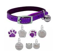 Genuine Leather Cat Collar with Safety Elastic & Bell with Optional Personalised Engraved Tag (Purple, 27mm Glitter Paw Shaped Tag)