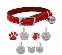 Genuine Leather Cat Collar with Safety Elastic & Bell with Optional Personalised Engraved Tag (Red, 22mm Cat Face Tag)