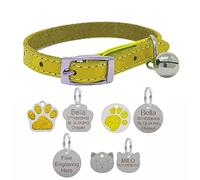 Genuine Leather Cat Collar with Safety Elastic & Bell with Optional Personalised Engraved Tag (Yellow, 27mm Glitter Paw Shaped Tag)
