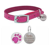 Genuine Leather Cat Collar with Safety Elastic & Bell with Personalised Engraved 25mm Glitter Paw Print Tag (Pink)