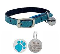 Genuine Leather Cat Collar with Safety Elastic & Bell with Personalised Engraved 25mm Glitter Paw Print Tag (Blue)