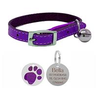 Genuine Leather Cat Collar with Safety Elastic & Bell with Personalised Engraved 25mm Glitter Paw Print Tag (Purple)