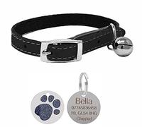 Genuine Leather Cat Collar with Safety Elastic & Bell with Personalised Engraved 25mm Glitter Paw Print Tag (Black)