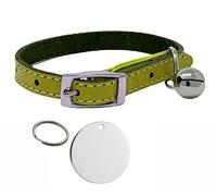 Genuine Leather Cat Collar with Safety Elastic & Bell with Personalised Engraved 25mm Nickel Tag (Green)