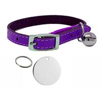 Genuine Leather Cat Collar with Safety Elastic & Bell with Personalised Engraved 25mm Nickel Tag (Purple)