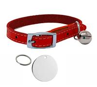 Genuine Leather Cat Collar with Safety Elastic & Bell with Personalised Engraved 25mm Nickel Tag (Red)