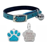 Genuine Leather Cat Collar with Safety Elastic & Bell with Personalised Engraved 27mm Glitter Paw Print Shape Tag… (Blue)