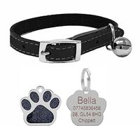 Genuine Leather Cat Collar with Safety Elastic & Bell with Personalised Engraved 27mm Glitter Paw Print Shape Tag… (Black)