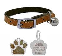 Genuine Leather Cat Collar with Safety Elastic & Bell with Personalised Engraved 27mm Glitter Paw Print Shape Tag… (Brown)