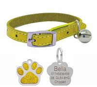 Genuine Leather Cat Collar with Safety Elastic & Bell with Personalised Engraved 27mm Glitter Paw Print Shape Tag… (Yellow)
