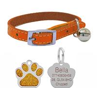 Genuine Leather Cat Collar with Safety Elastic & Bell with Personalised Engraved 27mm Glitter Paw Print Shape Tag… (Orange)