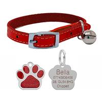 Genuine Leather Cat Collar with Safety Elastic & Bell with Personalised Engraved 27mm Glitter Paw Print Shape Tag… (Red)