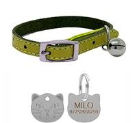 Genuine Leather Cat Collar with Safety Elastic & Bell with Personalised Engraved Cat Face Tag (Green)