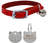 Genuine Leather Cat Collar with Safety Elastic & Bell with Personalised Engraved Cat Face Tag (Red)
