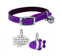 Genuine Leather Cat Collar with Safety Elastic & Bell with Personalised Engraved Fish Shaped Pet Tag (Purple)
