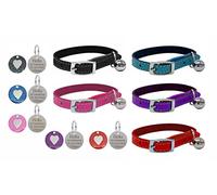 Genuine Leather Cat/Kitten Bright Pet Collar with Safety Elastic, Bell & Personalised Engraved Heart Tag (Purple)