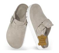 Genuine Leather Chunky Big Buckle Platform Benton Clogs for Women Memory Foam Arch Support Cork Footbed Potato Shoes Mules, Grey, 5.5 UK