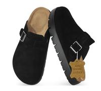 Genuine Leather Chunky Big Buckle Platform Benton Clogs for Women Memory Foam Arch Support Cork Footbed Potato Shoes Mules, Black, 5 UK