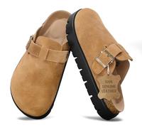 Genuine Leather Chunky Big Buckle Platform Benton Clogs for Women Memory Foam Arch Support Cork Footbed Potato Shoes Mules, Tan, 3 UK