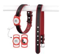 Genuine Leather Dog Collar -Adjustable for Dogs with AirTag Holder-Compatible with Airtag, Soft Padded & Breathable, Anti-Loss QR Code for Christmas (S:Neck 28-42cm,Width 2cm,Red & Red)