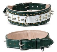 Genuine Leather Dog Collar by Leatherific, Premium Bridle Leather, Heavy Duty, Padded, Strong, Screwed Spikes, Medium, Large, Extra Large Breeds, 2" Wide (Forest Green, Neck Size 14"-18")