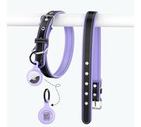 Genuine Leather Dog Collar with AirTag Holder-Compatible with AirTag,Adjustable & Personalised for Small Dogs-Breathable PU Lining,Anti-Loss QR Code (S:Neck 28-42cm,Width 2cm,Purple)