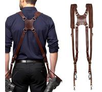 Genuine Leather Dual Camera Harness, Adjustable Double Camera Sling Strap with Soft Shoulder Pad and Safety Rings, Professional Two Camera Carrier for Wedding Event Travel Photographers