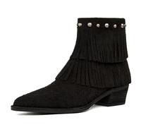 Genuine Leather Fringe Cowboy Boots For Women Suede Pointed Toe Zipper Western Ankle Cowgirl Boots Causal Dress Country Music Festival, Black Leather Tassels, 8 UK