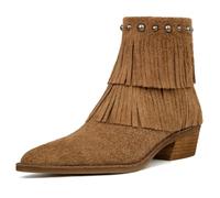 Genuine Leather Fringe Cowboy Boots For Women Suede Pointed Toe Zipper Western Ankle Cowgirl Boots Causal Dress Country Music Festival, Darkbrown Leather Tassels, 5 UK