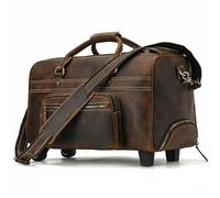 Genuine Leather Hand Laugage Travel Bag with Wheels Men Women Travel Bag Rolling Duffle Bags with Rollers Handbags(Dark Brown)