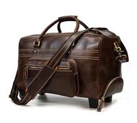 Genuine Leather Hand Laugage Travel Bag with Wheels Men Women Travel Bag Rolling Duffle Bags with Rollers Handbags(Coffee1)