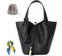 Genuine Leather Handbag for Women: Shoulder Bag with Lock Design, Versatile and Top Handle, Fashionable Vegetable Basket, Black/White, 7.5 x 5.9 x 7.1 pulgadas