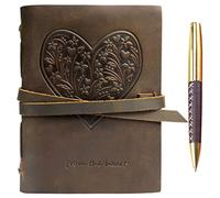Genuine Leather Journal for Women - Beautiful Heart Flowers Embossed A5 Handmade Travel Diary, Vintage Writing Bound Notebook Antique Soft Rustic 6x8 Engraved Unlined Paper for Notes Sketchbook + Pen