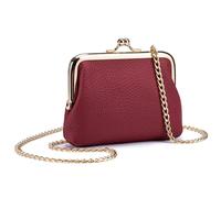 Genuine Leather Kiss Lock Coin Purse with Chain Strap, Mini Card Holder Wallet, Multiple Colors,Lipstick & Keys Organizer (Red)