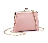 Genuine Leather Kiss Lock Coin Purse with Chain Strap, Mini Card Holder Wallet, Multiple Colors,Lipstick & Keys Organizer (Pink)
