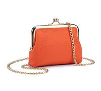 Genuine Leather Kiss Lock Coin Purse with Chain Strap, Mini Card Holder Wallet, Multiple Colors,Lipstick & Keys Organizer (Orange)