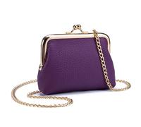 Genuine Leather Kiss Lock Coin Purse with Chain Strap, Mini Card Holder Wallet, Multiple Colors,Lipstick & Keys Organizer (Purple)