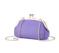 Genuine Leather Kiss-Lock Shoulder Bag Women's Chain Evening Bag Handbag Clutch, light purple