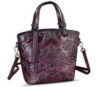 Genuine Leather Satchel for Women Purse Embossed Leather Top Handle Handbag Handmade Crossbody Handbags Tote Bag, Purple, Medium