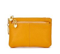 Genuine Leather Triple Zipper Wallet - Mini Coin Purse with Keychain & Card Slots, Compact Multi-Compartment Purse for Women's Daily Essentials (Yellow,Standard)