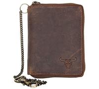 Genuine Leather Wallet with Metal Zipper Around and a Chain with a Bull Head