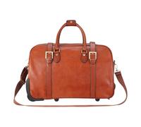 Genuine Leather Wheeled Holdall Duffle Bag - 43L Vintage Cabin Travel Bag for Men - Cowhide Overnight Rolling Weekender with Shoulder Strap, Brass Hardware & Nylon Lining