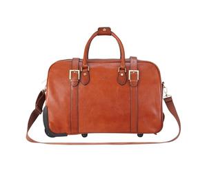 Genuine Leather Wheeled Holdall Duffle Bag - 43L Vintage Cabin Travel Bag for Men - Cowhide Overnight Rolling Weekender with Shoulder Strap, Brass Hardware & Nylon Lining
